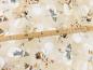 Preview: Patchworkstoff Woodland Friends mit Schneemännern und Vögel auf einem tan farbenen marmorierten Untergrund mit Bemaßung